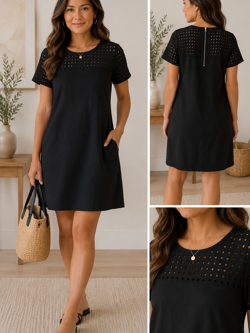 GAP Black Eyelet Yoke Short Sleeve Shift Dress With Pockets PTP 17